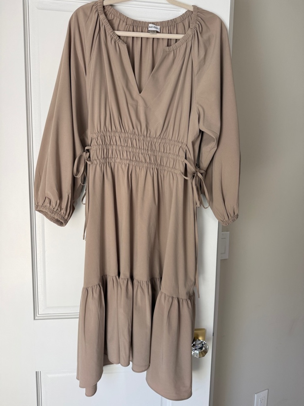 Calvin Klein Taupe Midi Dress with Smocked Waist